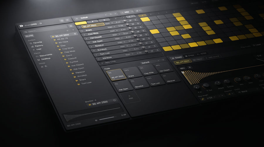 The drumGRID step grid with a beat programmed in yellow